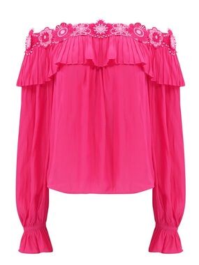 NWT Ramy Brook Hot Pink Off-Shoulder Floral Trim Ruffle Blouse
